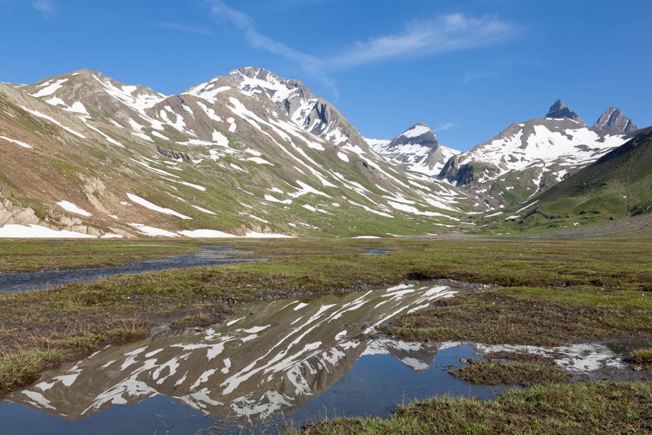 Breathtaking mountain expedition through alpine wilderness with snow-capped peaks and vast panoramic vistas